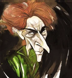 Ernest Thesiger, actor inglés (1879-1961); caricaturizado como el Doctor Septimus Pretorius de la película de 1935 La novia de Frankenstein, dirigida por James Whale (actor y director inglés, 1889-1957)